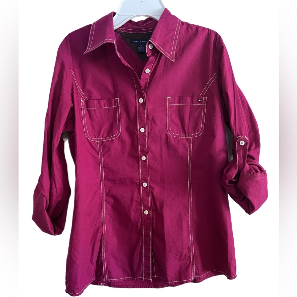 Tommy Hilfiger Burgundy Button Up Shirt with White Stitching - Picture 1 of 6
